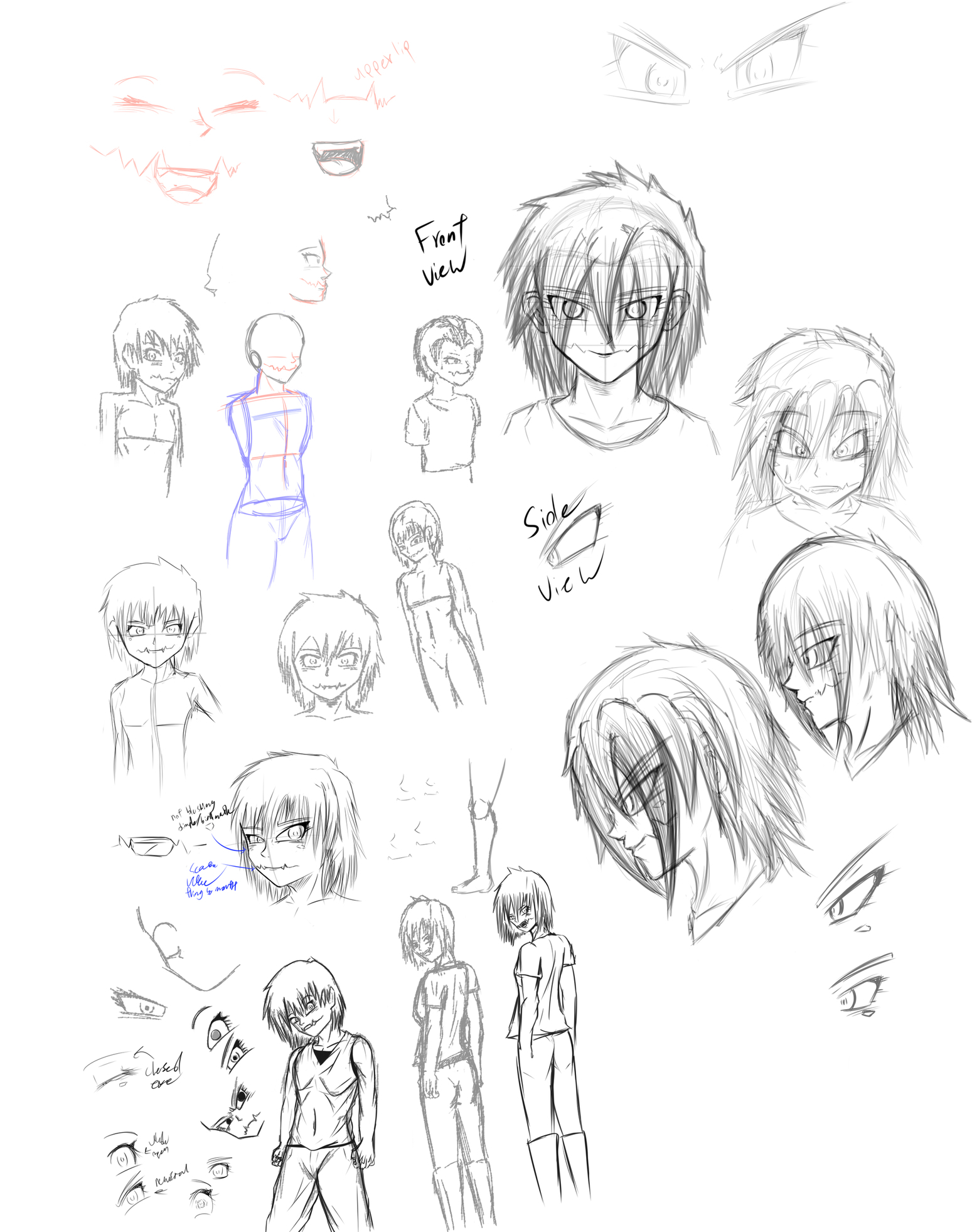 Monochrome character reference sheet of an anime girl with short messy hair