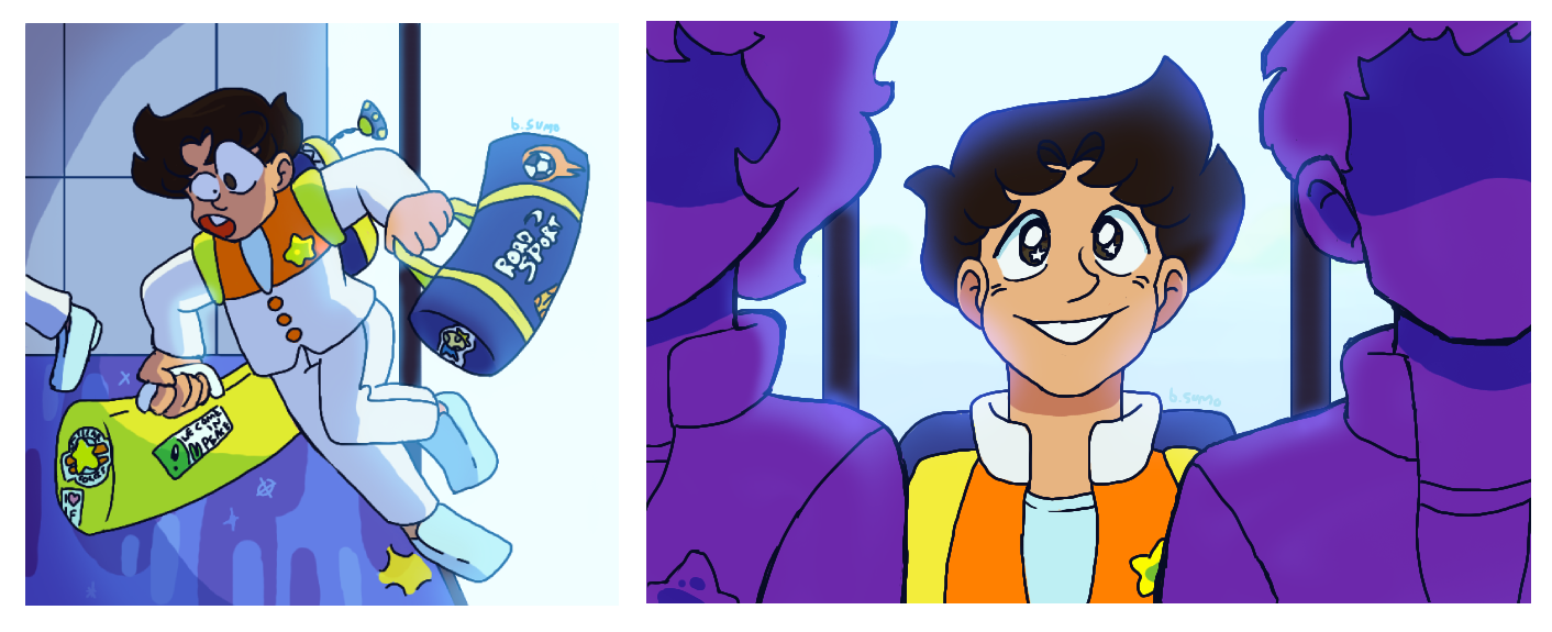 Image: A two-panel image. Panel 1 is the protagonist tripping over a barrier between the spaceport and outside. Panel 2 is him looking up and smiling. Two other star rangers walk in front of him. Light from the doorway glows behind all three.